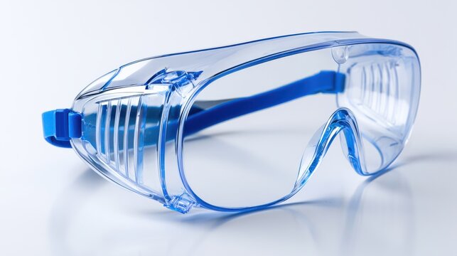 Safety goggles with blue straps, designed for eye protection in labs or workshops. Clear lenses and a secure fit ensure comfort and safety