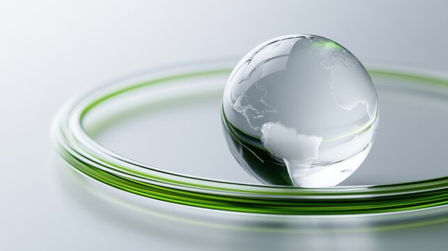 A clear glass globe with a green ring around it, symbolizing global environmental awareness and technology