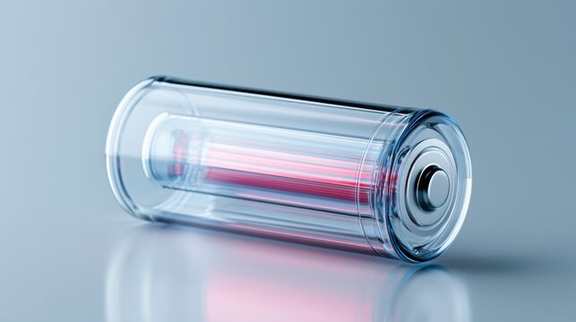 A clear battery with a red core against a cool, reflective surface