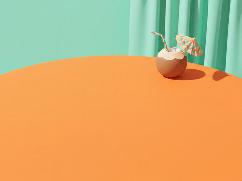 Tropical Summer Display with Coconut Drink and Parasol