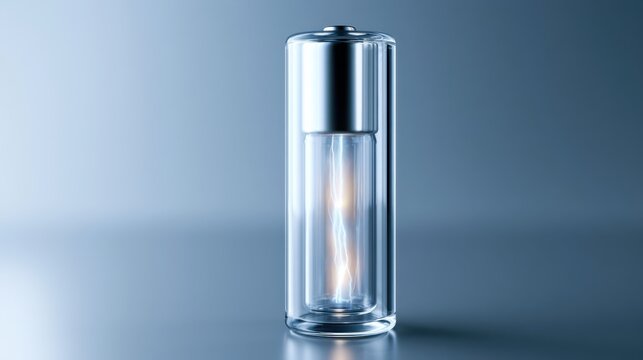 A clear glass battery with glowing energy inside, symbolizing power and innovation