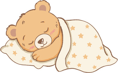 Sleeping bear with closed eyes resting on star patterned pillow and blanket, cozy and peaceful bedtime scene