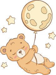 Sleeping bear holding moon balloon surrounded by glowing stars in dreamy night sky scene