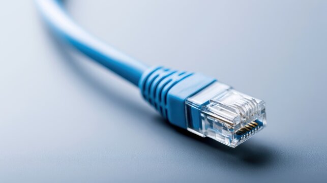 A close-up shot of a blue ethernet cable connector with a detailed view of its pins, lying on a smooth grey surface