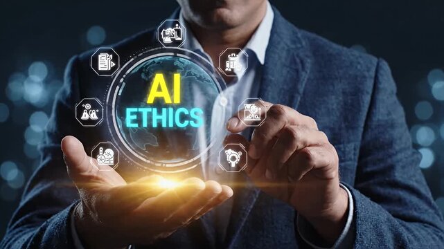 Business professional presenting AI ethics concept with holographic interface.