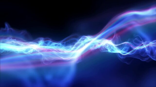 Luminous ribbon waves flowing across dark background with neon blue, cyan, violet glow and layered translucent curves creating energetic abstract motion, with abstract, luminescent, ribbon, wave