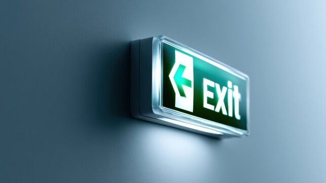 A green exit sign illuminated on a dark wall. The sign indicates the direction with an arrow, glowing softly