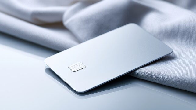 A silver credit card resting on a white fabric with a soft sheen. The card appears clean and sophisticated, ready for use