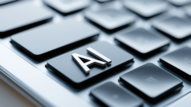 A close-up, high-angle shot of a keyboard with the keys labeled AI. The keys are metallic and reflective, and the overall image has a futuristic feel