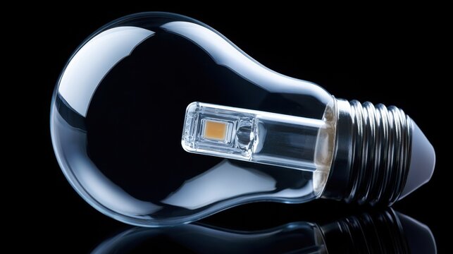 A close-up studio shot of a modern LED light bulb with a clear glass enclosure and a black background, showcasing its innovative design and energy efficiency