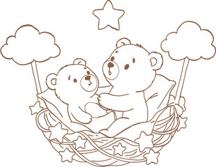 Two bear cubs sitting in nest with stars and clouds around, creating cozy and gentle atmosphere © jenjira