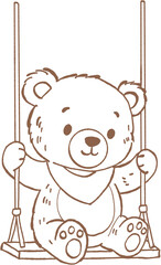 Cute bear sitting on swing with happy expression and scarf around neck, simple brown line art drawing for children