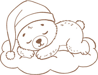 Sleeping bear cub wearing nightcap resting peacefully on soft cloud with calm and cozy expression © jenjira