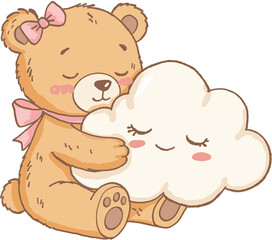 Cute bear hugging smiling cloud with pink bow and ribbon, soft pastel colors, adorable and peaceful scene