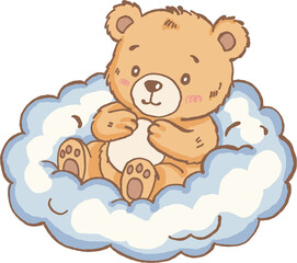 Fototapeta premium Cute bear sitting on soft cloud with gentle expression and warm colors, creating cozy and peaceful feeling