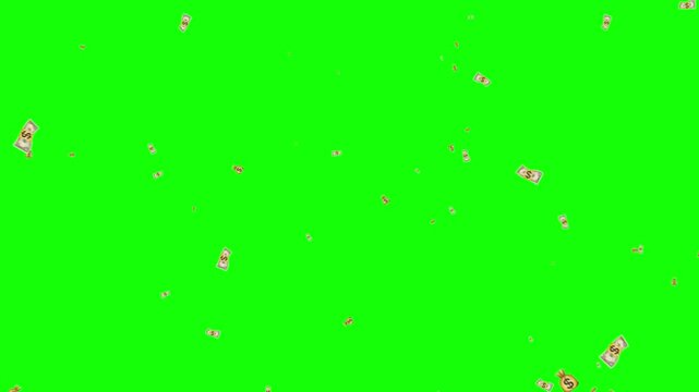 US dollar banknotes raining down continuously against a chroma key green background.