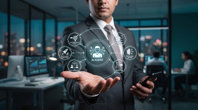 Corporate executive holding a holographic AI Agent and autonomous multi-agent systems dashboard.