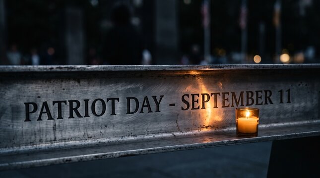 Patriot Day September 11 memorial steel beam with burning candle light at night