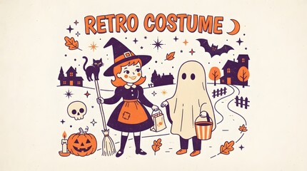 Fototapeta premium Retro halloween illustration with witch and ghost