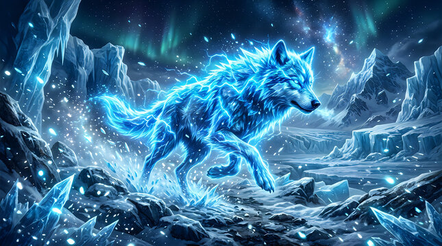Glowing blue lightning wolf running through a dark magical frozen ice landscape