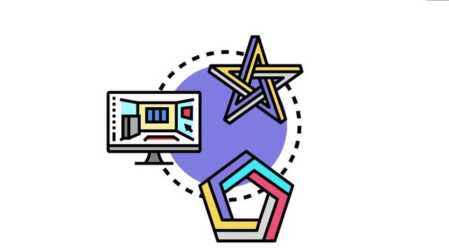 Graphic showcasing 3d illusion shapes. Including an impossible star. A computer monitor displaying an interior design. And a geometric pentagonal figure