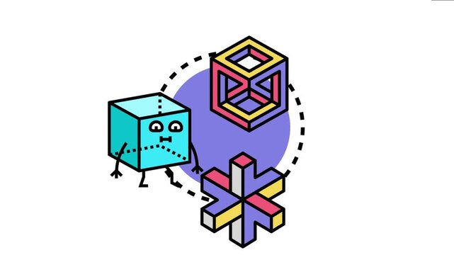 Geometric shapes forming a cube mosaic presenting visual illusions, complex structures, and an anthropomorphic cube character expressing uncertainty and problem solving within a creative design