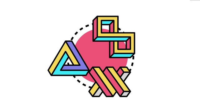 Abstract impossible geometric shapes featuring the penrose triangle and other optical illusions depicting paradox and complexity on a circle background