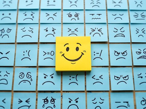 A single vibrant yellow smiley face tile prominently differentiates itself from a comprehensive grid filled with unhappy and frustrated facial expressions