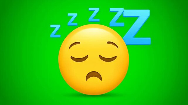 Sleepy Yellow Emoji Face with Zzz Symbols on Green Screen Background, Representing Rest and Relaxation