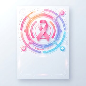 Breast cancer awareness poster design with a pink ribbon at the center of a vibrant medical technology infographic.