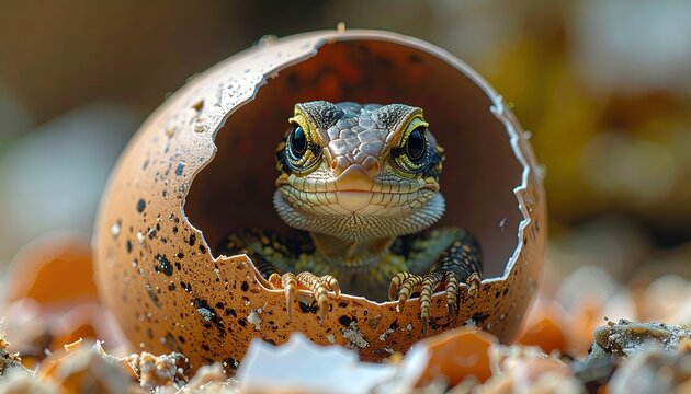 A newly discovered animal species, Newly Hatched Lizard Emerging from Eggshell Close-Up