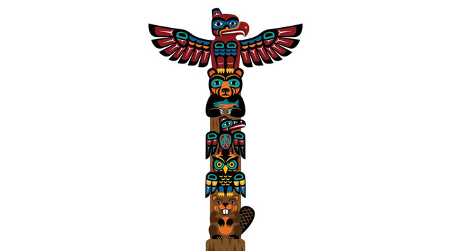 Tribal totem pole with animal carvings
