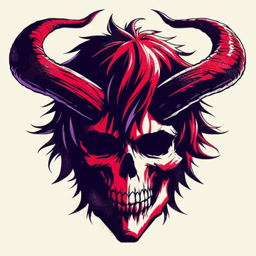 Stylized red and black skull with horns and spiky hair, graphic illustration.