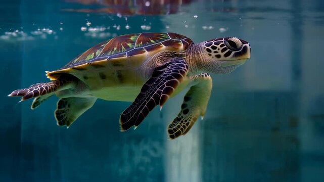 Green sea turtle gliding just below water surface with foreflippers extended in three-quarter view, calm underwater scene with soft light and clear blue water, with turtle, sea, ocean, underwater