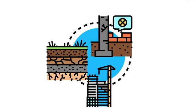 Building foundation construction processes with different levels of ground, a structure pillar on earth, and a city construction site with crane illustrate various architectural stages