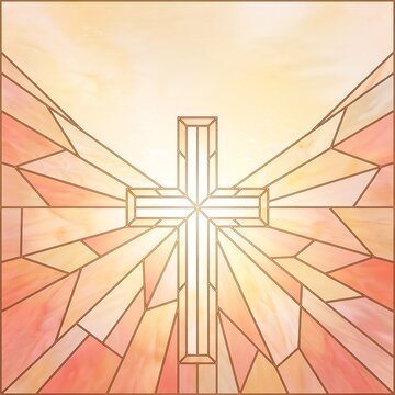 Vibrant stained glass cross with radiant sunburst design and warm golden light