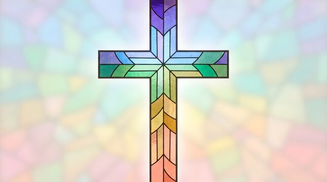 Colorful abstract stained glass cross with soft pastel background and spiritual mood