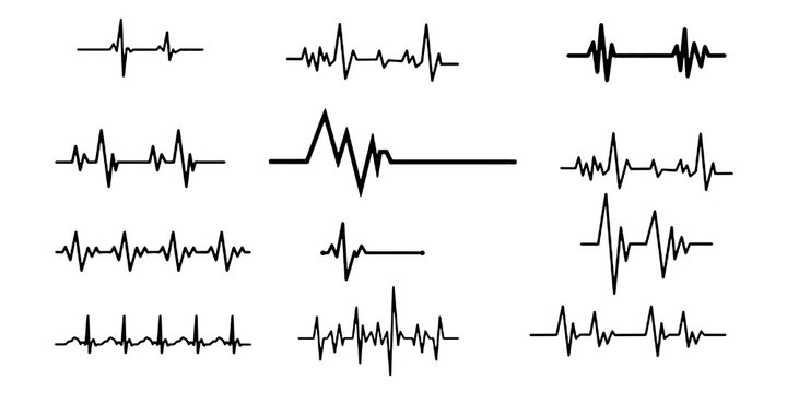 heartbeat line collection with heart symbol, cardiology, medical pulse, ECG, EKG design, healthcare clipart vector illustration.