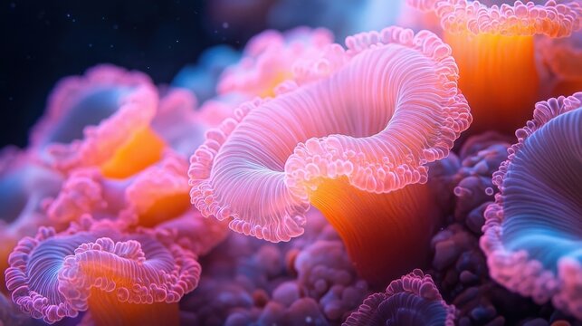 Macro Shot Of Vibrant Bioluminescent Sea Anemones Glowing Under Deep Ocean Waters