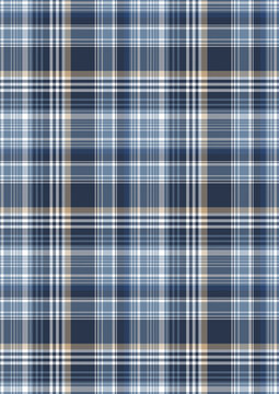 Classic navy blue, light blue, white, and orange plaid checkered tartan pattern seamless vector background.