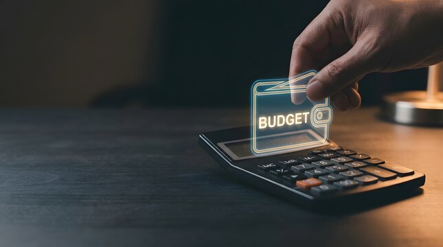 Person managing personal finances using digital wallet icon above electronic calculator on dark desk