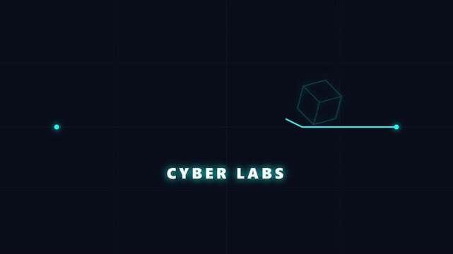 Cyber labs neon glowing cube animation with digital hud interface 4k