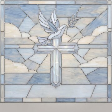 Stained glass window with dove, cross, and abstract blue sky design for church