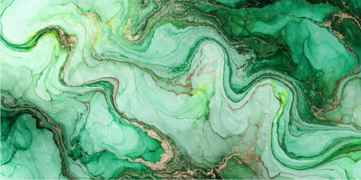 Abstract Emerald Green and Gold Alcohol Ink Fluid Art Background with Marble Texture
