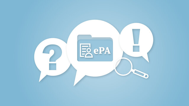 Electronic patient record concept with ePA folder icon, question mark, exclamation mark and magnifying glass on blue background, digital healthcare illustration