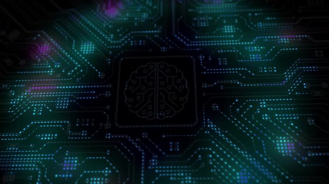 Glowing digital brain icon on a computer circuit board chip for artificial intelligence and machine learning technology concepts