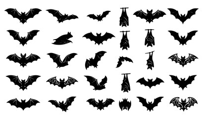 Fototapeta premium Bat silhouette vector collection with flying hanging and decorative winged bat shapes for Halloween logos and graphic design