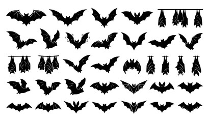 Fototapeta premium Black bat silhouette illustration set with diverse flying wing shapes for Halloween decoration logos stickers and branding