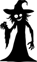 Spooky Halloween Witch Silhouette with Pointed Hat and Scary Grin Vector Illustration
