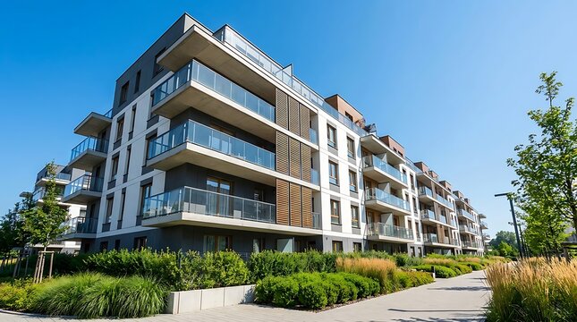 Contemporary residential apartment building showcasing modern architectural design and upscale urban living, surrounded by thoughtful landscaping under a clear blue sky